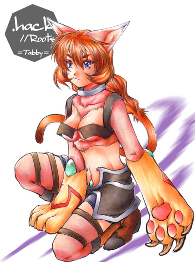tabby, tabby (.hack//), .hack//, .hack//g.u., .hack//games, .hack//roots, bandai, cyber connect 2, 00s, 1girl, animal ears, animal hands, boots, breasts, cat ears, cat paws, cleavage, female focus, midriff, miniskirt, navel, ponytail, purple eyes, skirt, solo, thigh boots, thighhighs, zettai ryouiki