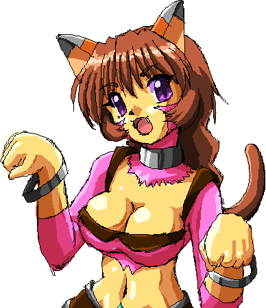 dragon (artist), tabby, tabby (.hack//), .hack//, .hack//g.u., .hack//games, .hack//roots, bandai, cyber connect 2, lowres, 00s, 1girl, animal ears, bracelet, breasts, brown hair, cat ears, cleavage, fang, female focus, happy, jewelry, large breasts, looking at viewer, midriff, navel, paw pose, ponytail, purple eyes, simple background, smile, solo, white background