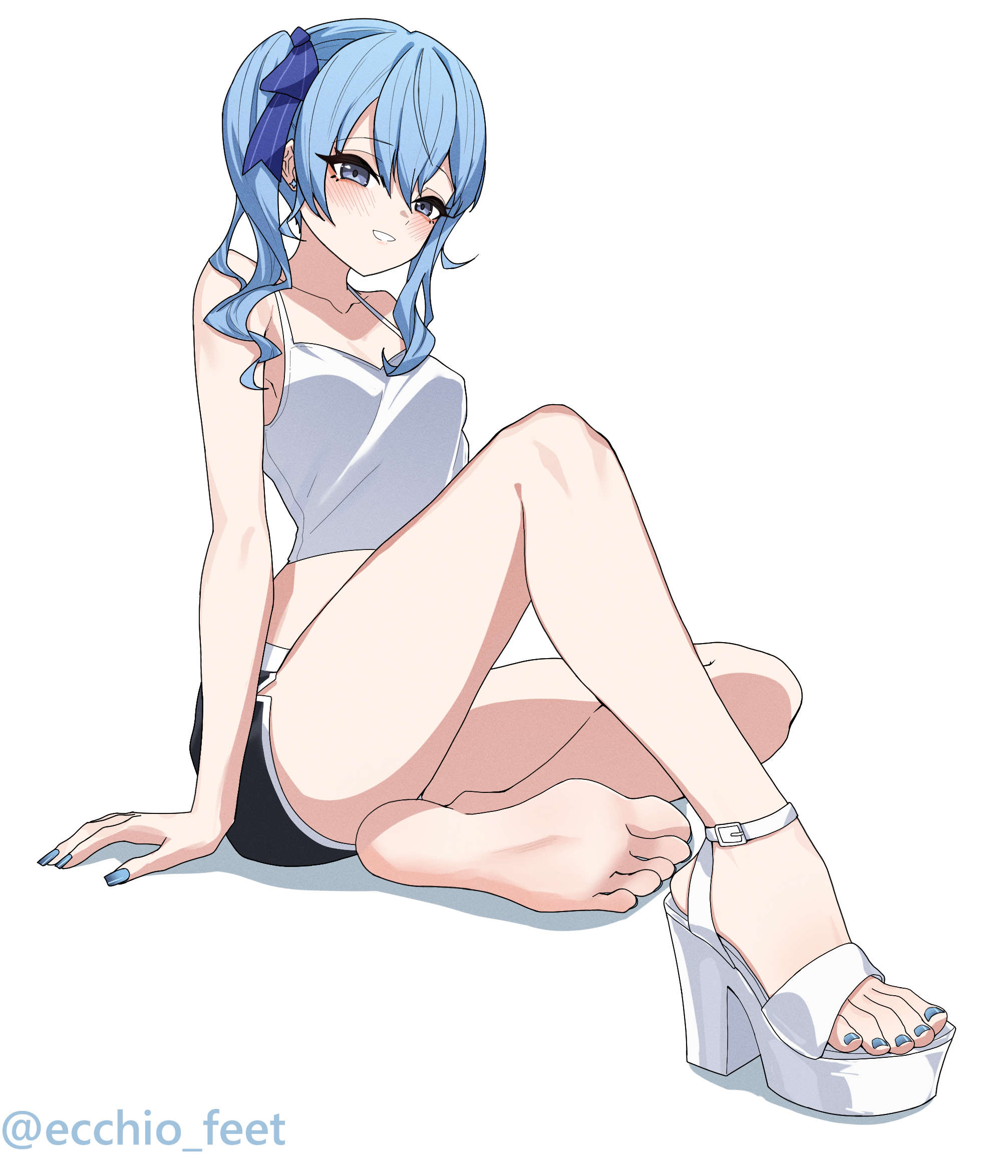ecchi-o, hoshimachi suisei, hololive, highres, 1girl, barefoot, blue eyes, blue hair, blush, camisole, dolphin shorts, feet, long hair, looking at viewer, parted lips, shoes, shorts, side ponytail, single shoe, soles, toes