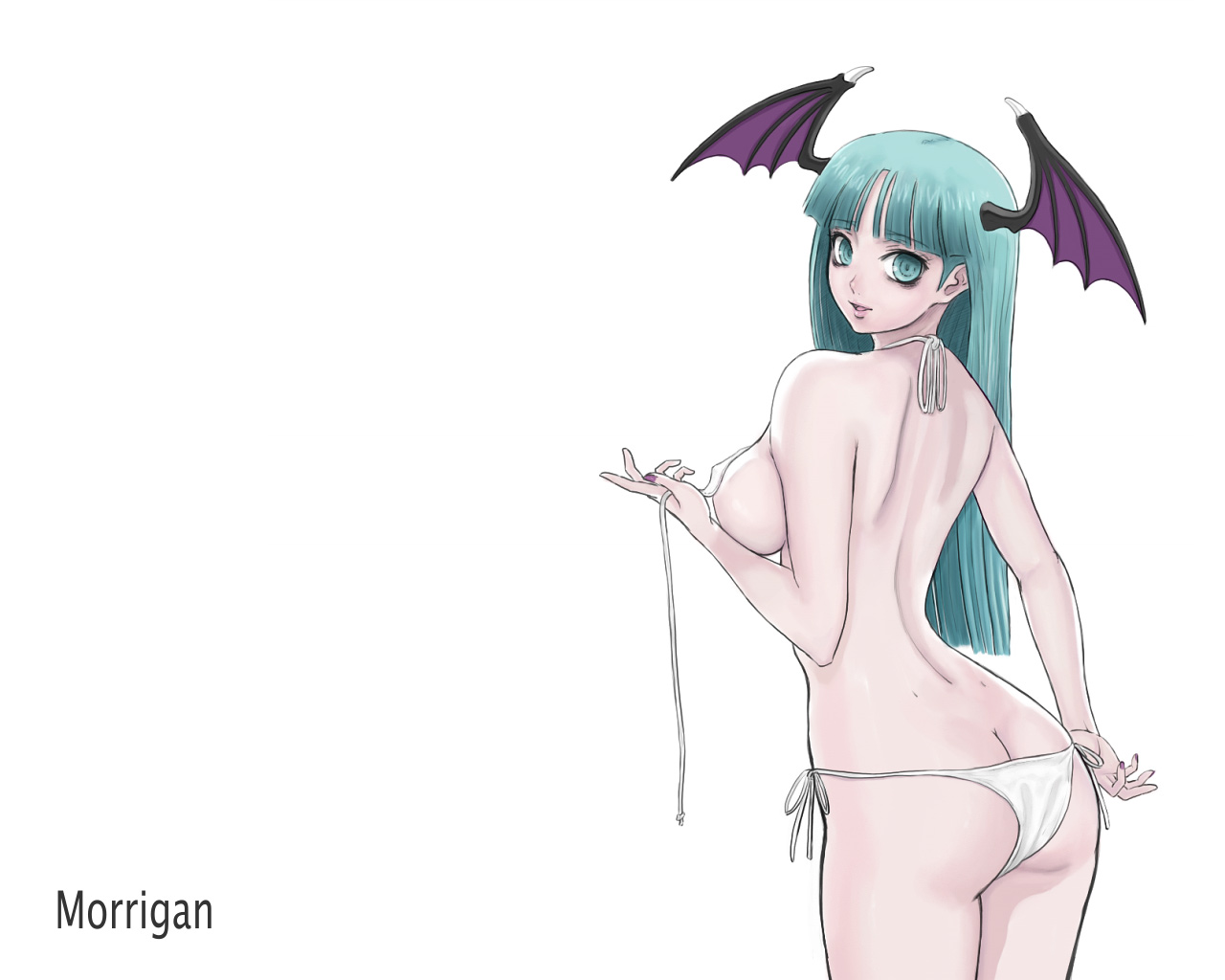 ark (morita hitomi), morrigan aensland, capcom, darkstalkers, 1girl, bikini, blue hair, breasts, butt crack, character name, cowboy shot, female focus, halterneck, head wings, large breasts, side-tie bikini bottom, simple background, solo, swimsuit, topless female, untied bikini, white background, white bikini, wings