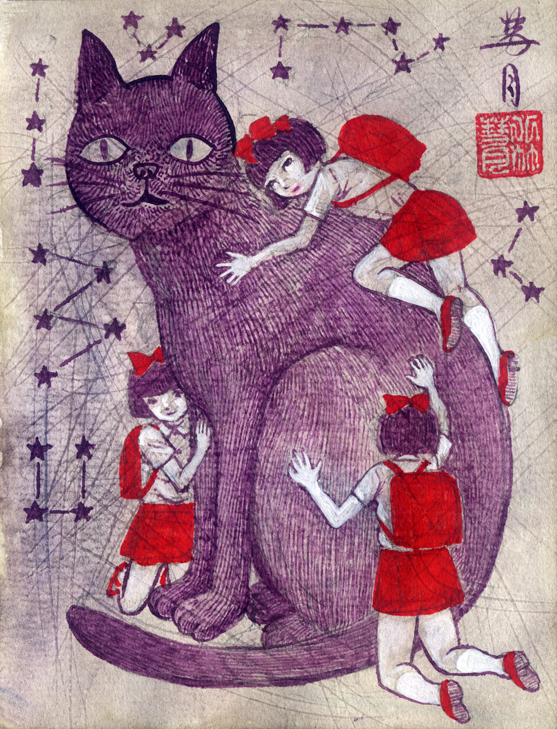 fractal underground studio, original, traditional media, 3girls, animal, backpack, bag, black cat, black eyes, black fur, black hair, bow, cat, constellation, giant cat, hair bow, kneehighs, kneeling, lying, mary janes, multiple girls, on animal, randoseru, red bow, red shoes, red skirt, school uniform, shirt, shoes, short hair, short sleeves, skirt, socks, star (symbol), white shirt, white socks