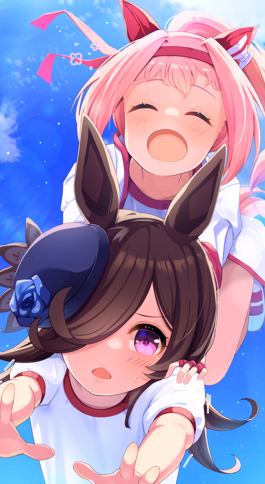 shijima (shizima 03), haru urara (bestest prize) (umamusume), haru urara (umamusume), rice shower (umamusume), umamusume, highres, 2girls, animal ears, assisted stretching, blue flower, blue rose, blue sky, blush, bow, brown hair, closed eyes, ear bow, ear covers, fingerless gloves, flipped hair, flower, gloves, gym shirt, hair over one eye, hairband, hat, hat flower, headband, horse ears, horse girl, jacket, long hair, multiple girls, open mouth, outdoors, pink hair, pink headband, ponytail, purple eyes, red gloves, red headband, rose, shirt, short sleeves, sky, smile, stretching, sweatdrop, tilted headwear, tracen training uniform, upper body, white jacket, white shirt