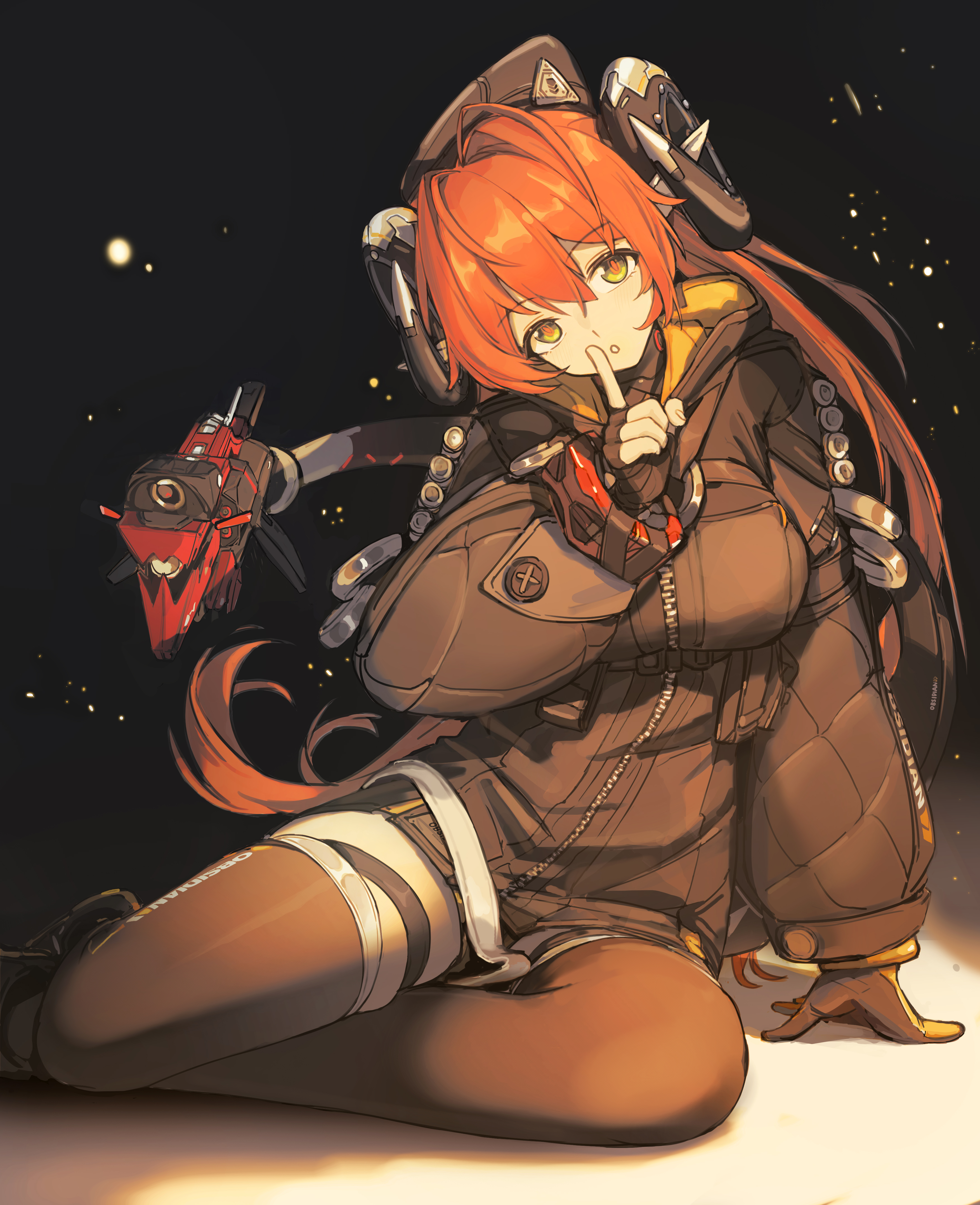 vespark, magus (zenless zone zero), orphie magnusson, zenless zone zero, absurdres, highres, 1girl, 1other, ammunition, ammunition pouch, asymmetrical gloves, black background, black hat, black horns, black jacket, dragon girl, dragon horns, dress, finger to mouth, fingerless gloves, gloves, green eyes, gun, hat, head tilt, horns, jacket, mechanical horns, mechanical tail, mismatched gloves, on floor, open mouth, orange hair, orange pupils, pouch, shushing, single fingerless glove, sitting, tail, thigh strap, thighhighs, twintails, weapon, yellow gloves, zipper dress