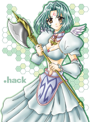 subaru (.hack//), .hack//, .hack//sign, bandai, cyber connect 2, lowres, 00s, 1girl, armor, armored dress, axe, copyright name, dress, facial mark, green background, honeycomb background, honeycomb pattern, midriff, weapon, white dress