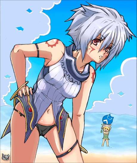 kannagi kaname, atoli, haseo, haseo (.hack//), .hack//, .hack//g.u., .hack//games, .hack//roots, bandai, cyber connect 2, bad id, bad pixiv id, 00s, 2girls, beach, casual one-piece swimsuit, cloud, covered erect nipples, day, genderswap, genderswap (mtf), multiple girls, one-piece swimsuit, outdoors, panties, short hair, swimsuit, tattoo, underwear