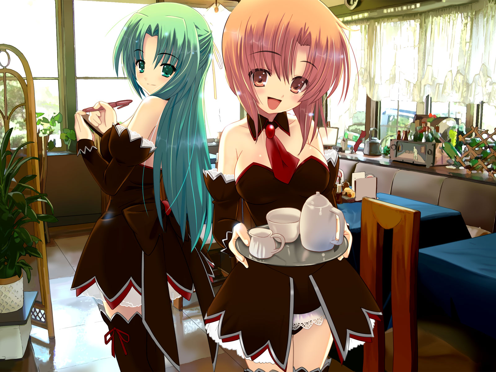 houmitsu, ryuuguu rena, sonozaki shion, higurashi no naku koro ni, highres, 00s, 2girls, angel mort, detached collar, green eyes, green hair, half updo, long hair, multiple girls, orange hair, short hair, thighhighs, tray, waitress, zettai ryouiki