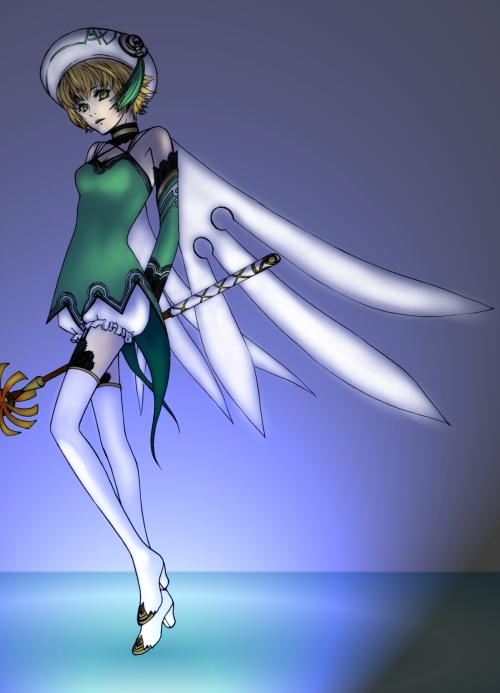 kebi (sanbou), atoli (.hack//), .hack//, .hack//g.u., bandai, cyber connect 2, 00s, 1girl, blonde hair, bloomers, boots, elbow gloves, female focus, gloves, green eyes, hat, high heel boots, high heels, shoes, short hair, solo, staff, thigh boots, thighhighs, underwear, white bloomers, white thighhighs, wings, zettai ryouiki