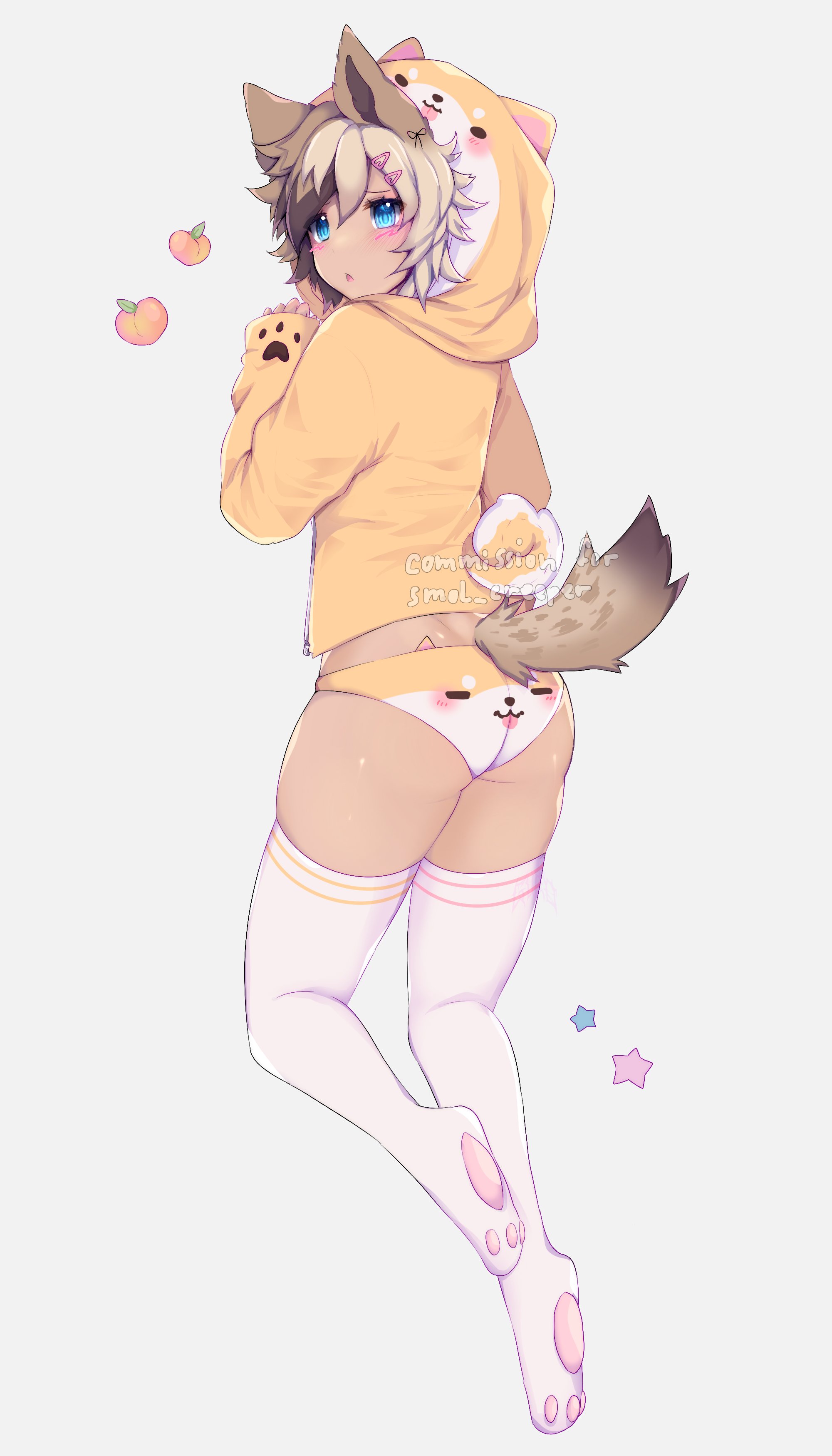 houndeater, original, absurdres, commission, highres, animal ears, ass, blue eyes, brown hair, dark skin, dog ears, dog tail, food, fruit, hood, hoodie, panties, peach, tail, thighhighs, underwear