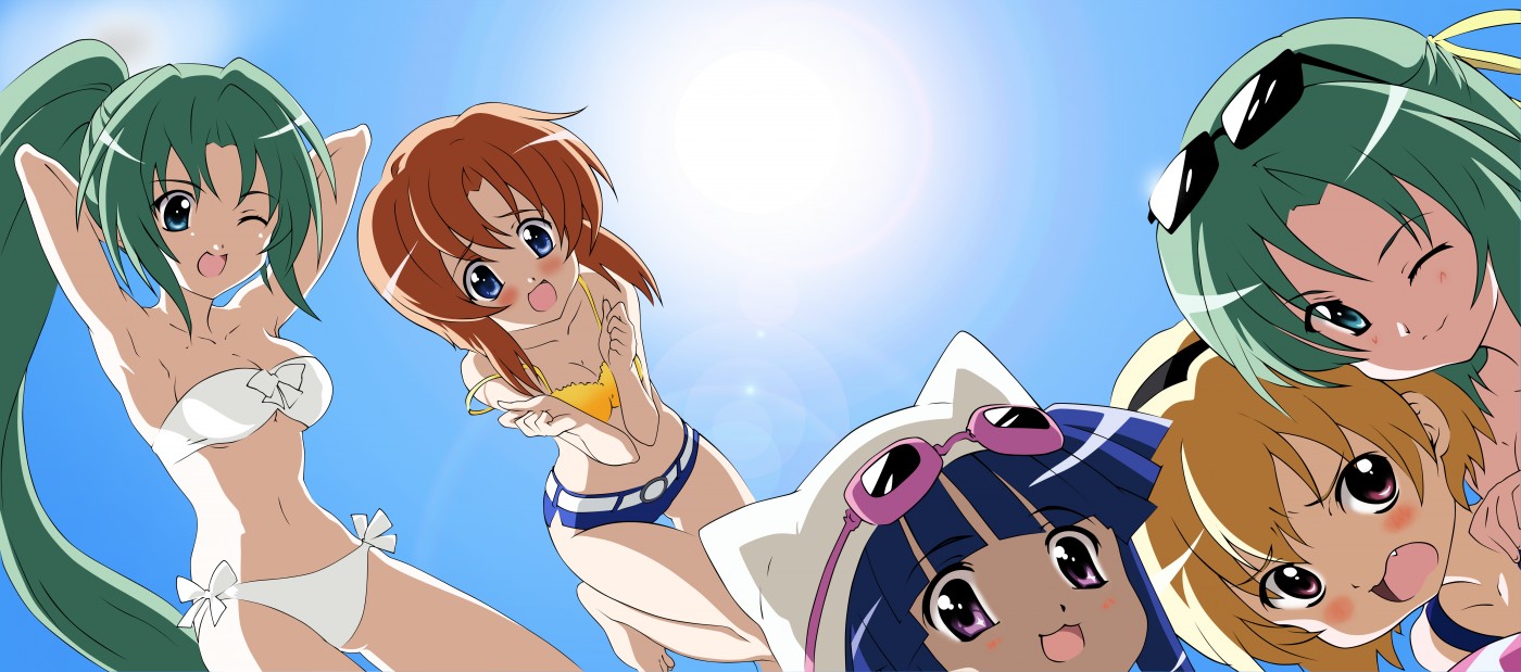 furude rika, houjou satoko, ryuuguu rena, sonozaki mion, sonozaki shion, higurashi no naku koro ni, long image, wide image, 00s, 5girls, armpits, arms behind back, arms up, bikini, blonde hair, blue eyes, blue hair, blush, day, goggles, green eyes, green hair, hat, long hair, multiple girls, orange hair, ponytail, purple eyes, red eyes, ribbon, short hair, shorts, siblings, sisters, summer, sunglasses, swimsuit, twins