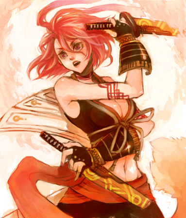 do emu, alkaid (.hack//), .hack//, .hack//g.u., .hack//games, bandai, cyber connect 2, bad id, bad pixiv id, lowres, 00s, 1girl, :d, ahoge, brown eyes, dual wielding, female focus, holding, holding sword, holding weapon, huge ahoge, midriff, navel, open mouth, pink hair, short hair, smile, solo, stomach, sword, weapon