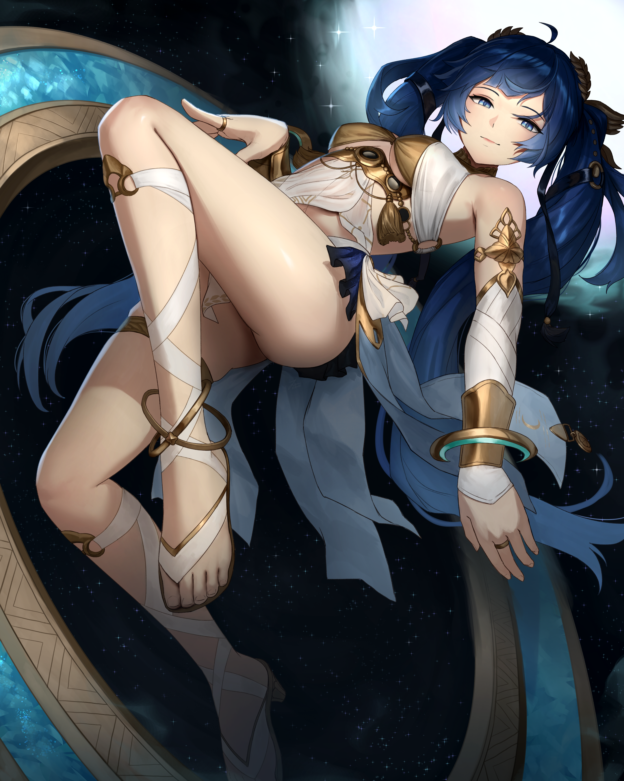 zienu, iuno (wuthering waves), wuthering waves, absurdres, commentary, highres, 1girl, ahoge, ancient greek clothes, black skirt, blue eyes, blue hair, breasts, closed mouth, full body, gladiator sandals, gold bra, greco-roman clothes, jewelry, laurel crown, legs, looking at viewer, medium breasts, ring, sandals, showgirl skirt, skirt, smile, solo, thighlet, thighs, toes, twintails