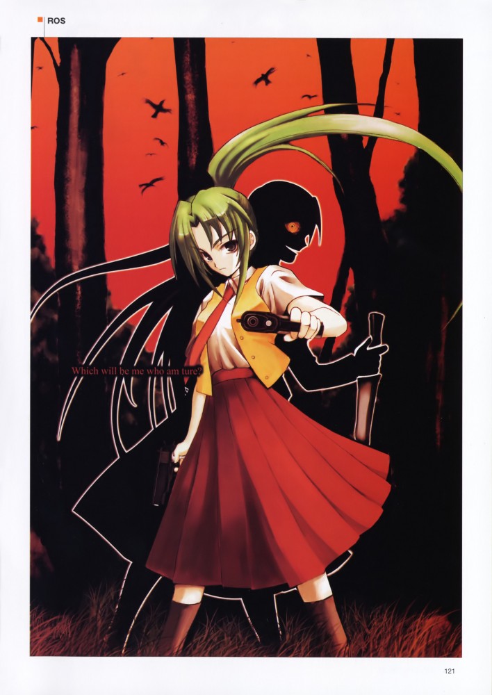 saltydanshark, sonozaki mion, sonozaki shion, higurashi no naku koro ni, md5 mismatch, resized, 00s, 2girls, crazy eyes, english text, engrish text, green eyes, green hair, gun, knife, long hair, multiple girls, ponytail, ranguage, siblings, sisters, twins, weapon, yandere