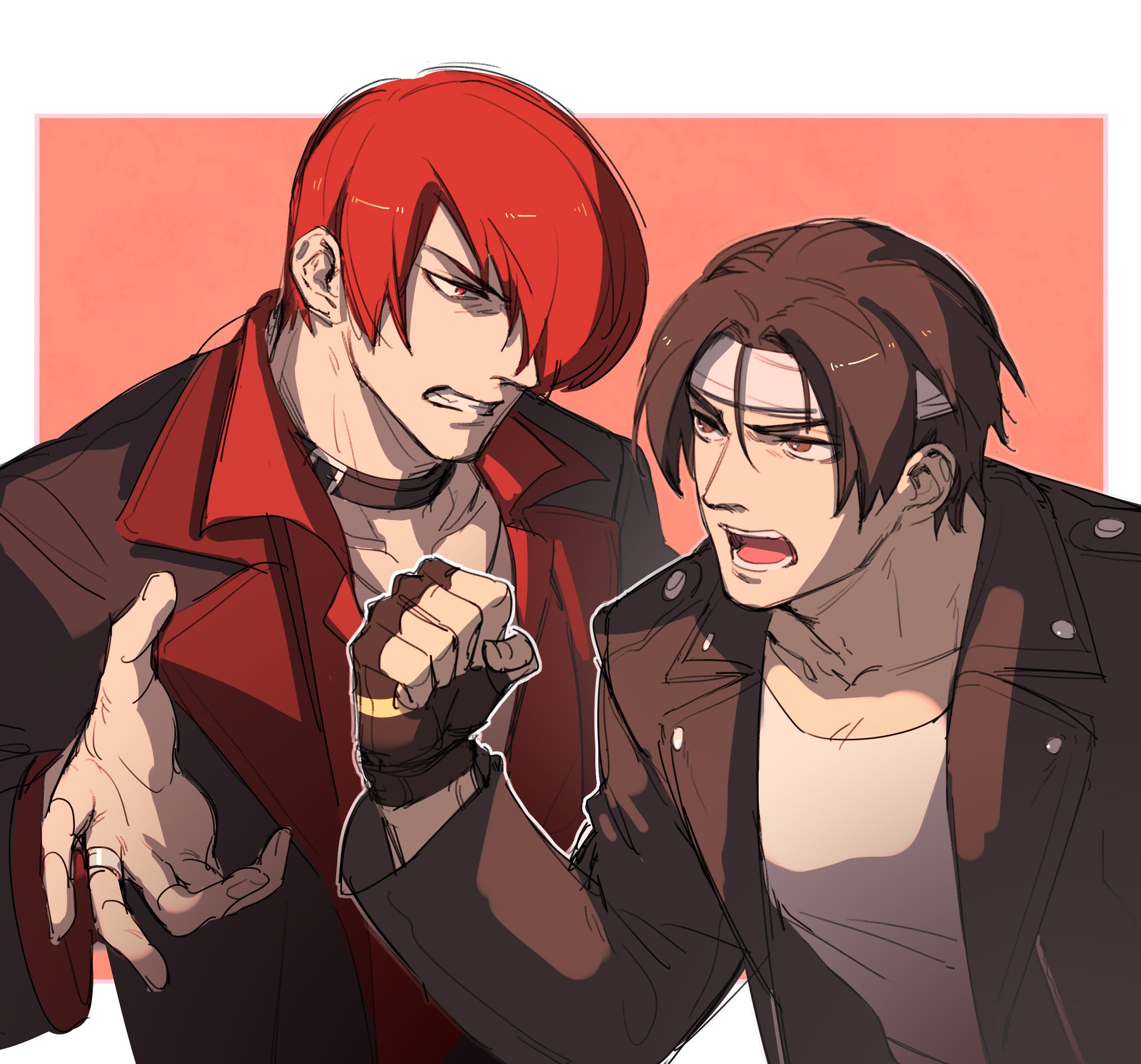 an ling withered, kusanagi kyou, yagami iori, the king of fighters, the king of fighters xv, highres, 2boys, arguing, black gloves, black jacket, brown eyes, brown hair, choker, clenched hand, clenched teeth, fingerless gloves, gloves, hair over one eye, headband, jacket, jewelry, leather, leather jacket, long sleeves, looking at another, male focus, multiple boys, open clothes, open jacket, open mouth, red eyes, red hair, red shirt, ring, shirt, short hair, simple background, teeth, white headband, white shirt