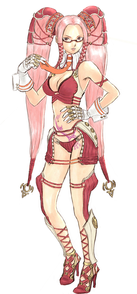 yu no no, pi (.hack//), .hack//, .hack//g.u., bandai, cyber connect 2, 00s, 1girl, armband, armpits, breasts, cleavage, female focus, glasses, gloves, hair ornament, hair ribbon, hand on own hip, high heels, long hair, midriff, necktie, pink eyes, pink hair, revealing clothes, ribbon, shoes, solo, tattoo, turtleneck, twintails, very long hair, white gloves