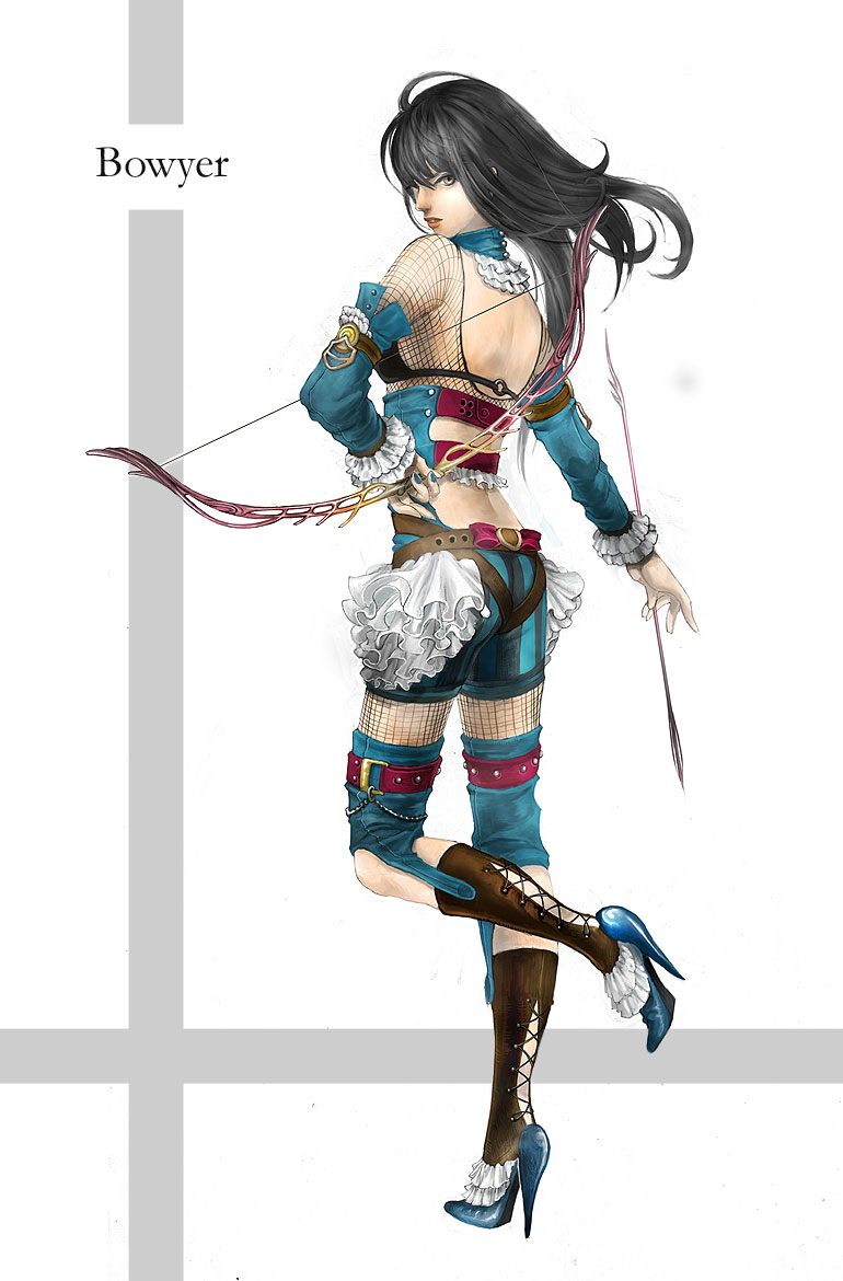 aoi (greenfield), original, arrow (projectile), black hair, bow, bow (weapon), brown eyes, frills, high heels, shoes, solo, weapon
