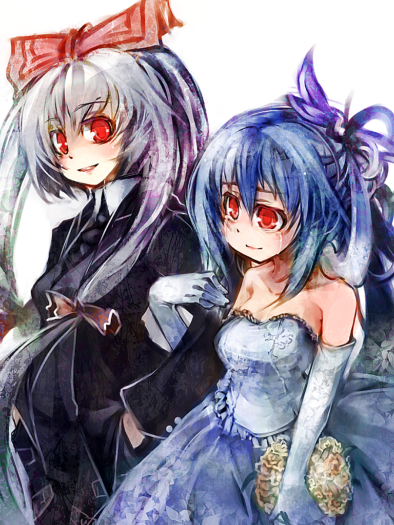 ukyo rst, fujiwara no mokou, kamishirasawa keine, touhou, silver hair, 2girls, alternate costume, blue hair, bride, contemporary, dress, elbow gloves, female focus, formal clothes, gloves, happy tears, long hair, multiple girls, pant suit, pants, suit, tears, wedding dress