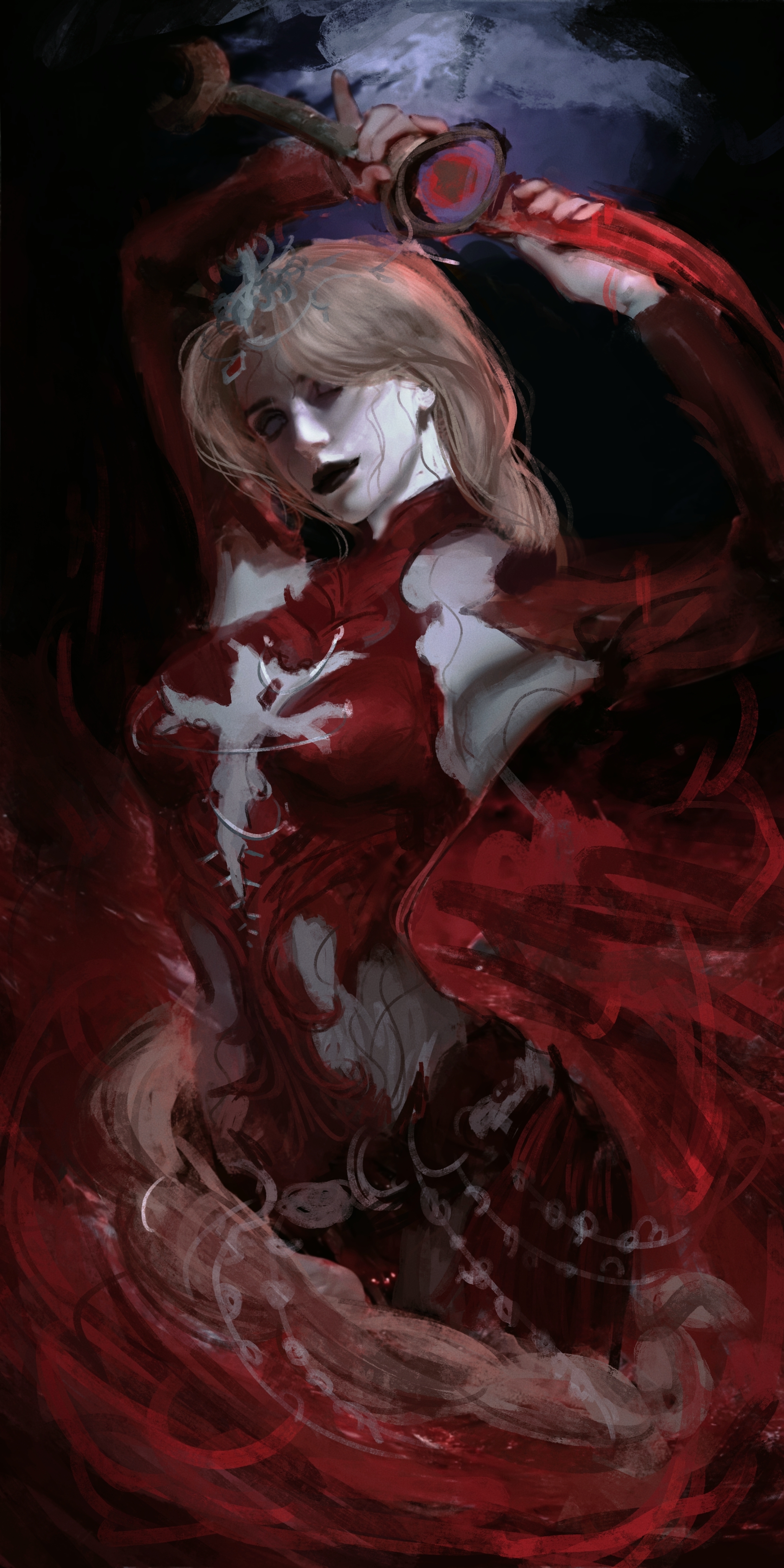 orin the red, baldur's gate, baldur's gate 3, dungeons & dragons, dungeons & dragons, absurdres, highres, 1girl, arms up, black background, black lips, blank eyes, blonde hair, bodysuit, braid, clothing cutout, colored skin, cowboy shot, dagger, detached sleeves, facing viewer, headpiece, hip vent, holding, holding dagger, holding knife, holding weapon, knife, kuailaile018, long hair, painterly, realistic, red bodysuit, single braid, solo, standing, weapon, white skin