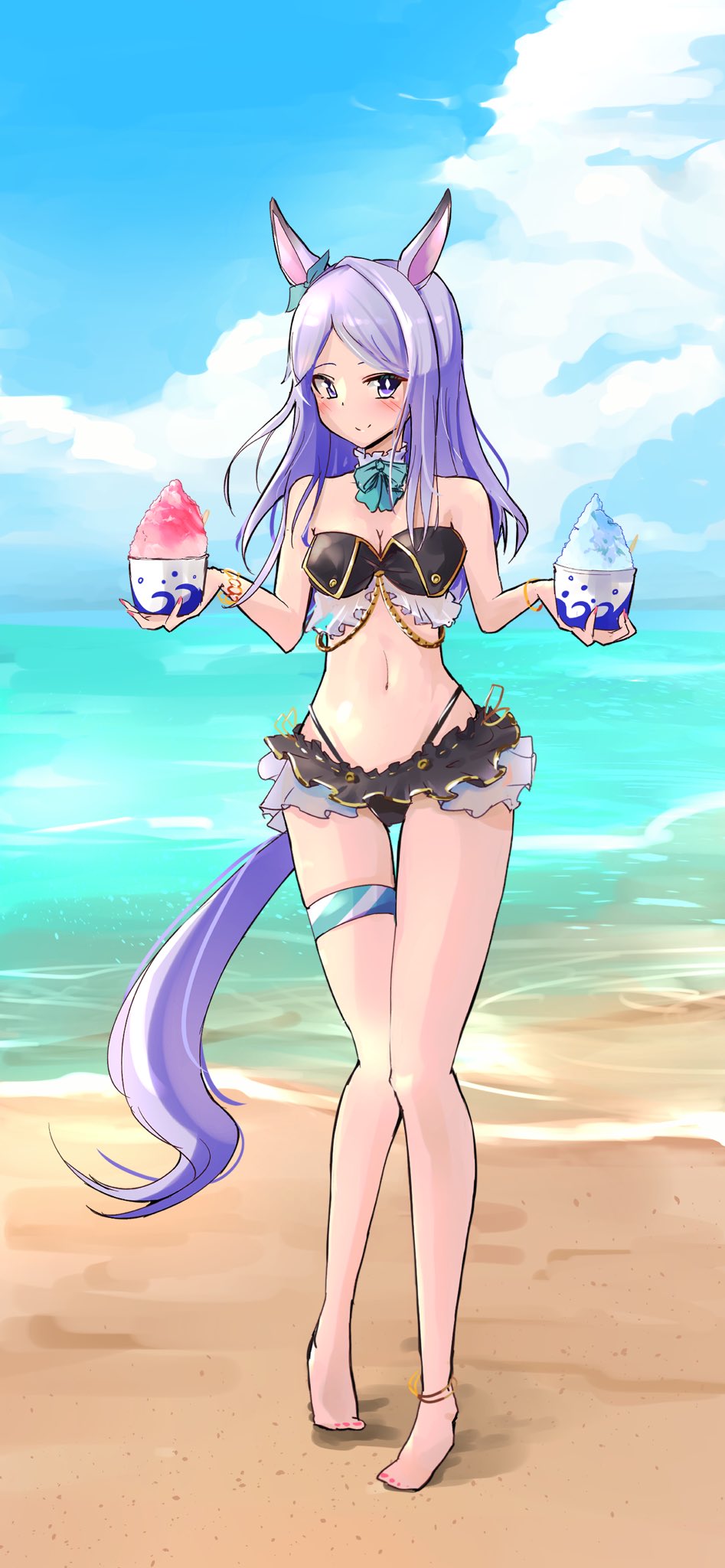 kyabetsuman, mejiro mcqueen (umamusume), umamusume, highres, 1girl, animal ears, aqua bow, bare shoulders, beach, bikini, black bikini, blue sky, blush, bow, bowl, breasts, cleavage, closed mouth, cloud, detached collar, ear bow, food, full body, holding, holding bowl, holding shaved ice, horse ears, horse girl, horse tail, long hair, looking at viewer, navel, ocean, outdoors, purple eyes, purple hair, shaved ice, sky, smile, solo, stomach, swimsuit, syrup, tail, thigh strap, water