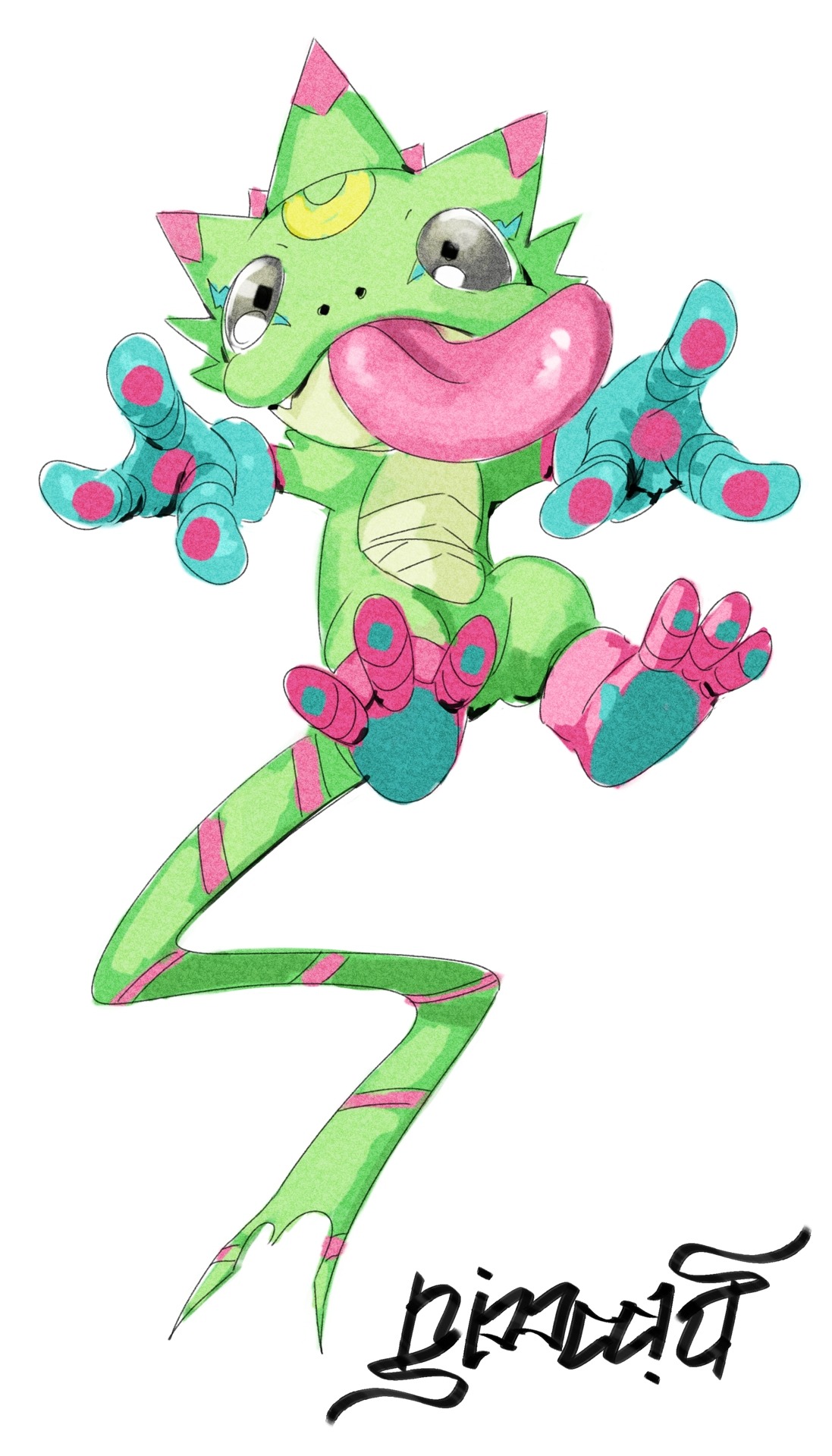 nimadj, gekkomon, digimon, highres, digimon (creature), licking, looking at viewer, no humans, signature, simple background, solo, tongue, tongue out, white background