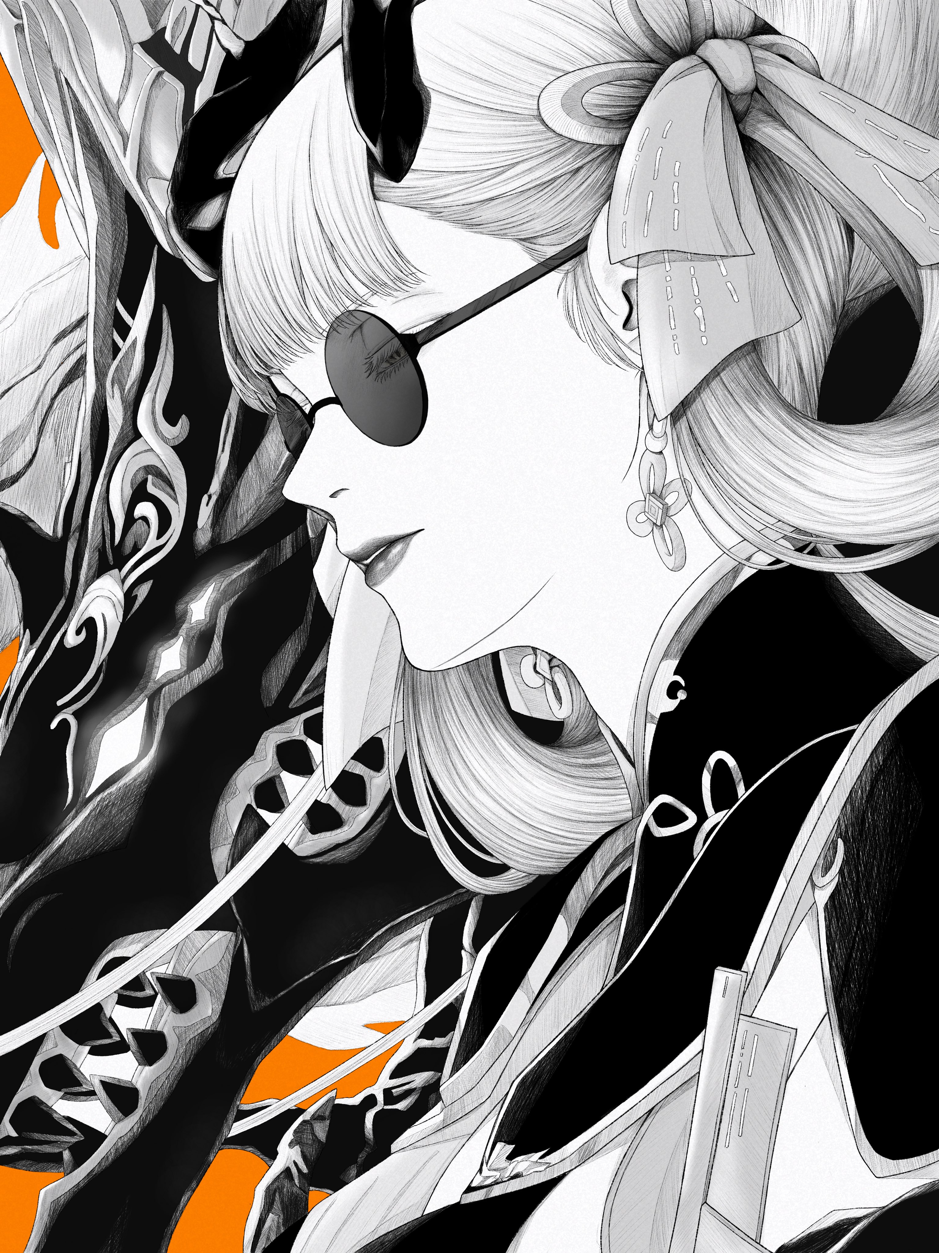 taka hashio, jinhsi (wuthering waves), jue (wuthering waves), wuthering waves, absurdres, commentary request, highres, partial commentary, 1girl, bow, collar, dragon, earrings, eastern dragon, eastern dragon horns, from side, greyscale, hair bow, half-closed eyes, jewelry, looking ahead, monochrome, parted lips, portrait, round eyewear, simple background, solo, sunglasses, white background