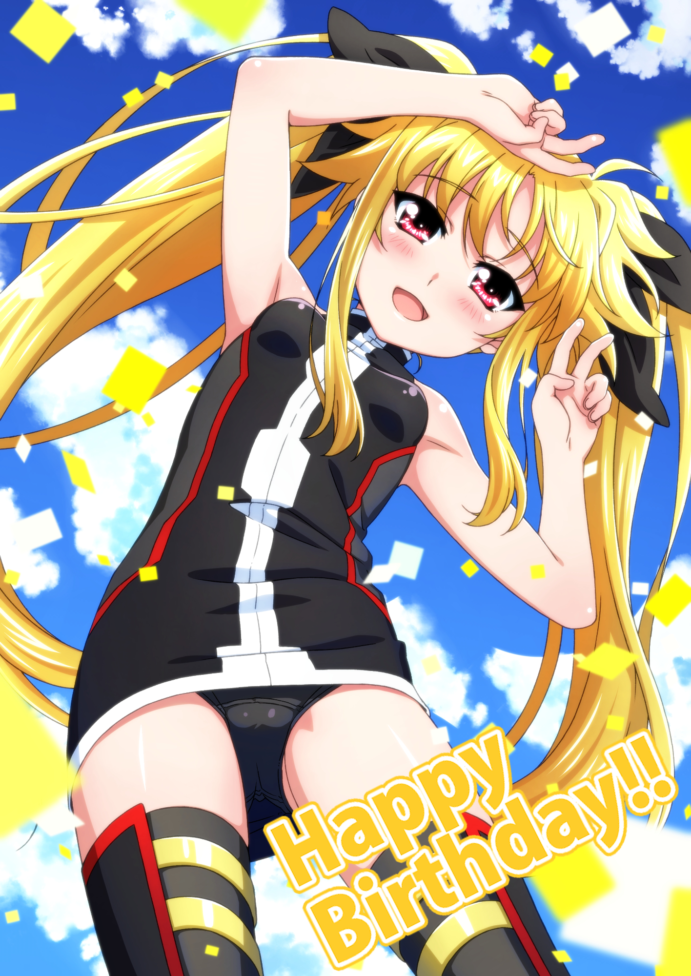 miyajima hitoshi, fate testarossa, lyrical nanoha, mahou shoujo lyrical nanoha, commentary request, highres, 1girl, :d, arms up, black jacket, black panties, black ribbon, black thighhighs, blonde hair, blue sky, breasts, confetti, double v, hair ribbon, happy birthday, jacket, long hair, looking at viewer, no pants, open mouth, panties, red eyes, ribbon, sky, sleeveless, sleeveless jacket, small breasts, smile, solo, thighhighs, twintails, underwear, v, very long hair