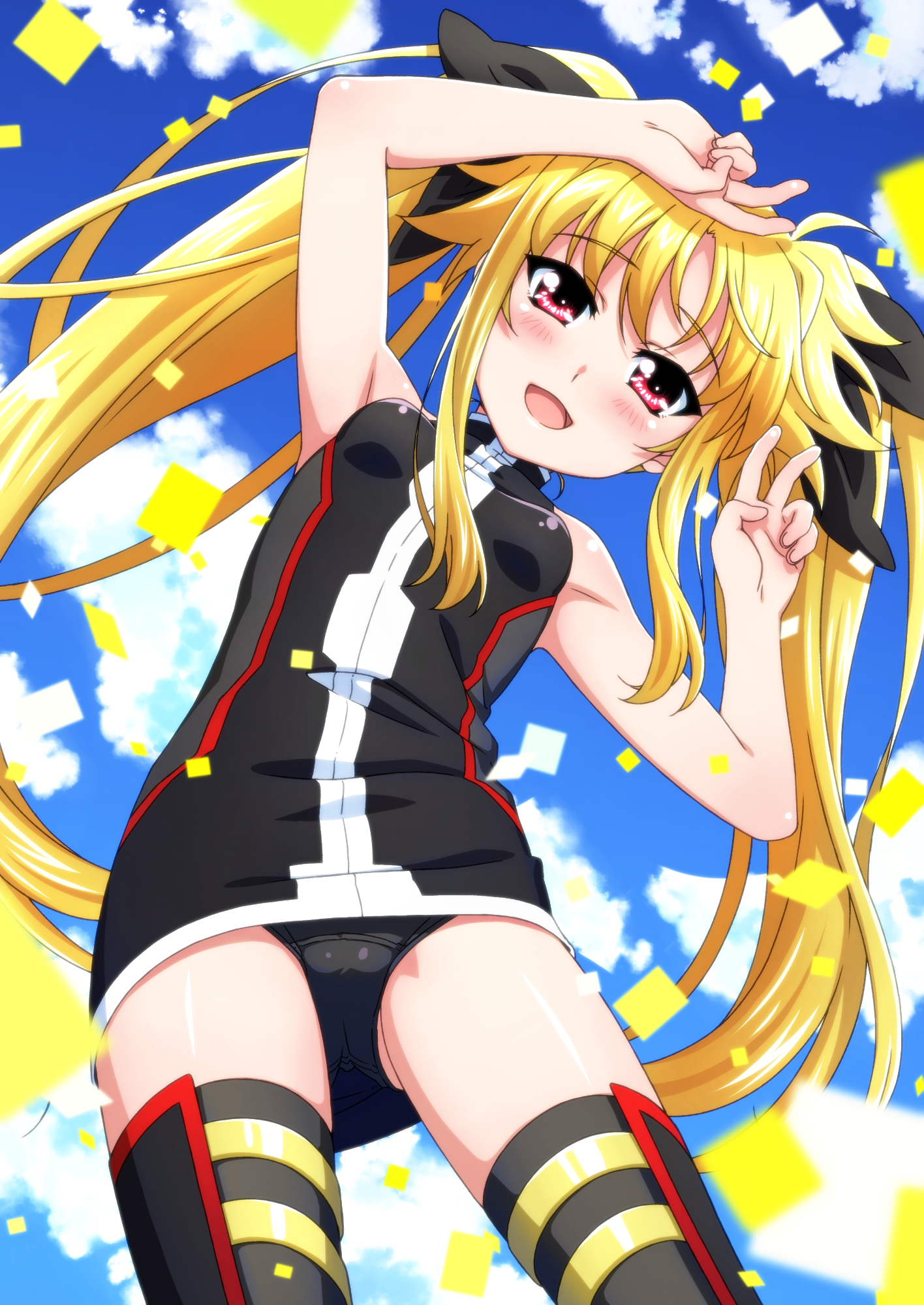 miyajima hitoshi, fate testarossa, lyrical nanoha, mahou shoujo lyrical nanoha, commentary request, highres, textless version, 1girl, :d, arms up, black jacket, black panties, black ribbon, black thighhighs, blonde hair, blue sky, breasts, confetti, double v, hair ribbon, jacket, long hair, looking at viewer, no pants, open mouth, panties, red eyes, ribbon, sky, sleeveless, sleeveless jacket, small breasts, smile, solo, thighhighs, twintails, underwear, v, very long hair