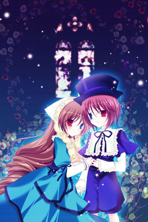 shirogane hina, souseiseki, suiseiseki, rozen maiden, 00s, 2girls, brown hair, hat, headscarf, long hair, multiple girls, pantyhose, ribbon, short hair, siblings, sisters, twins, white headscarf