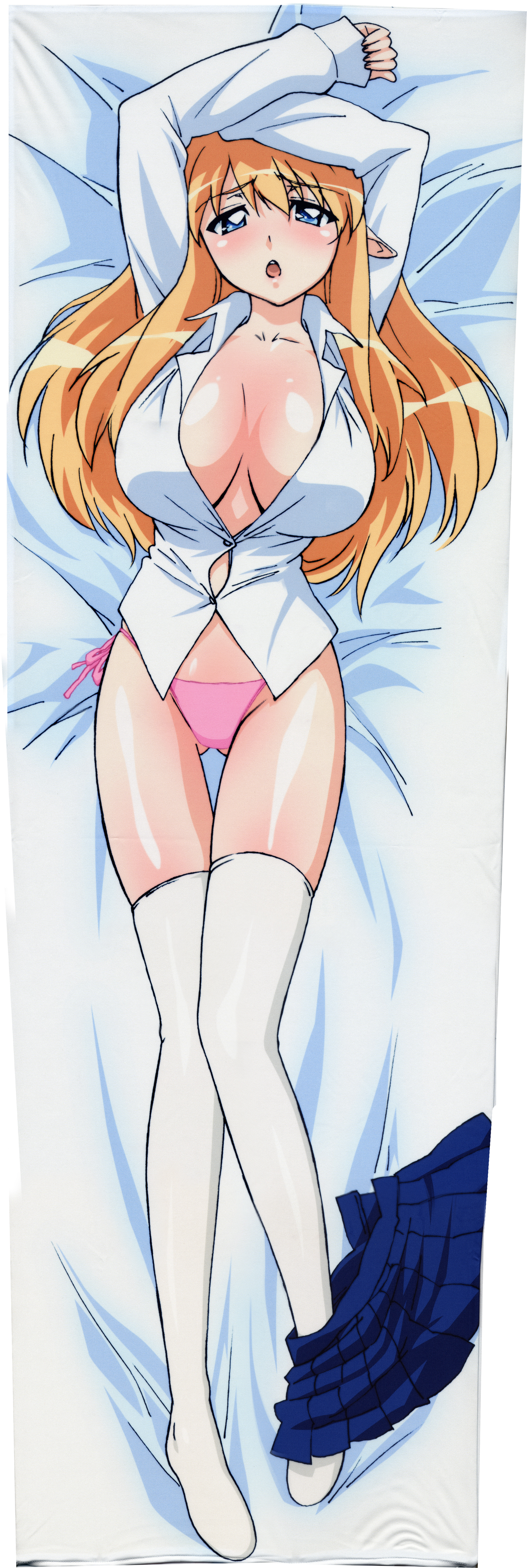 tiffania westwood, zero no tsukaima, absurdres, artist request, highres, long image, tall image, 00s, 1girl, blue eyes, blush, breasts, dakimakura (medium), female focus, full body, large breasts, no bra, open clothes, open mouth, open shirt, panties, pointy ears, shirt, solo, thighhighs, underwear, white thighhighs