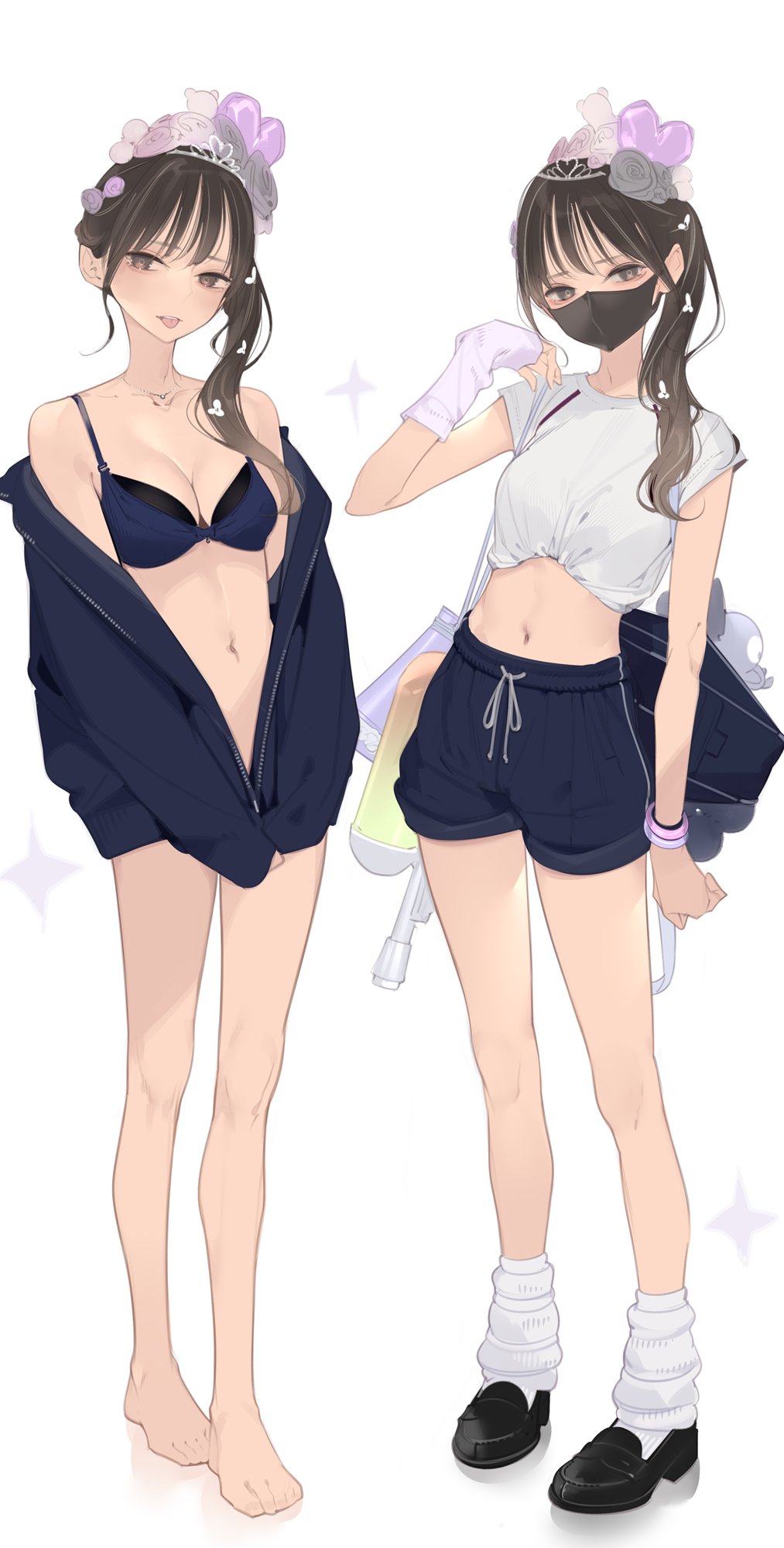 ama mitsuki, original, highres, 1girl, bare shoulders, bikini, bikini top only, breasts, brown eyes, brown hair, cleavage, collarbone, hair ornament, jacket, long hair, looking at viewer, mask, medium breasts, mouth mask, navel, shoes, shorts, standing, sunglasses, surgical mask, swimsuit