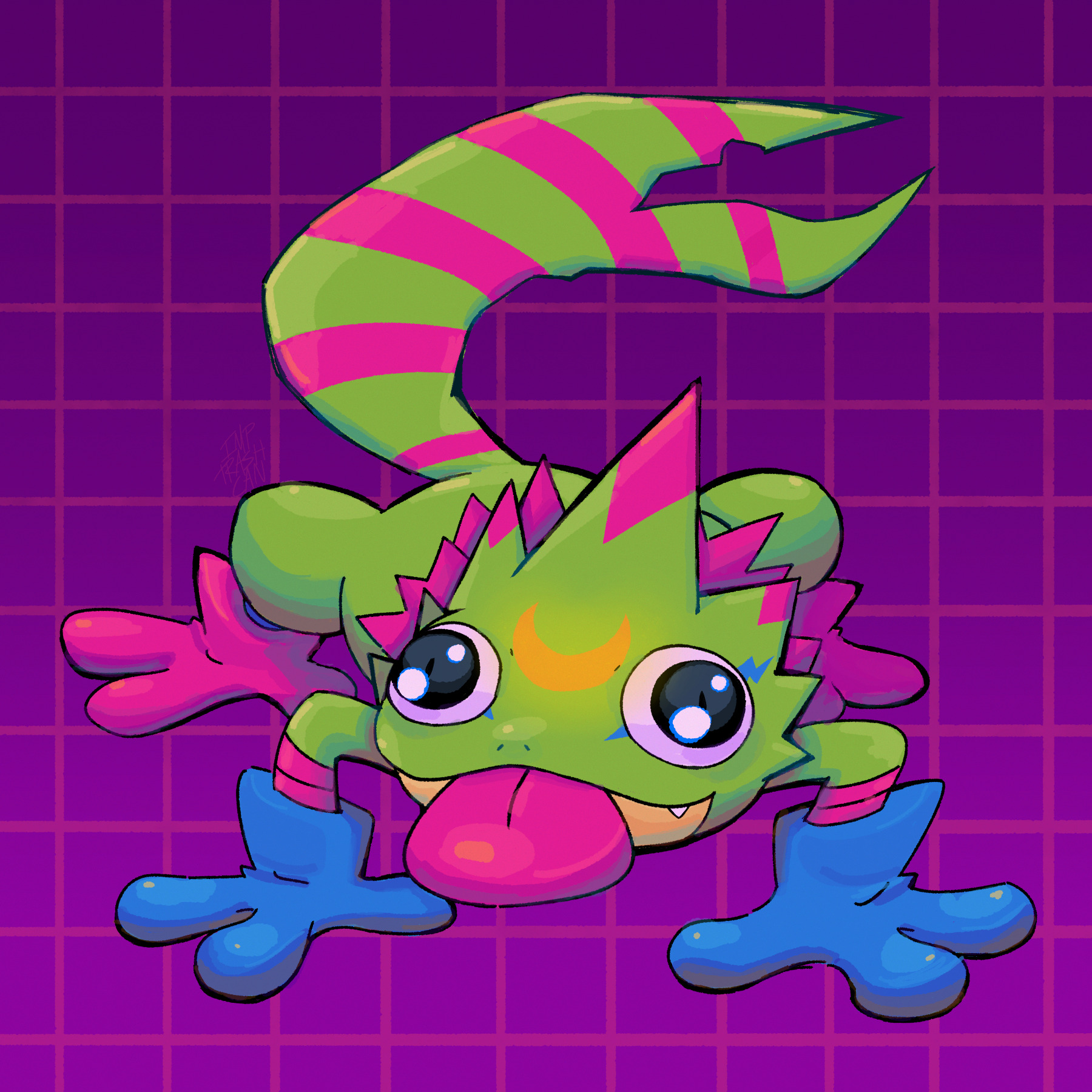 gekkomon, digimon, digimon beatbreak, highres, digimon (creature), grid background, looking at viewer, no humans, purple background, radioprufen, solo, tail, tongue, tongue out