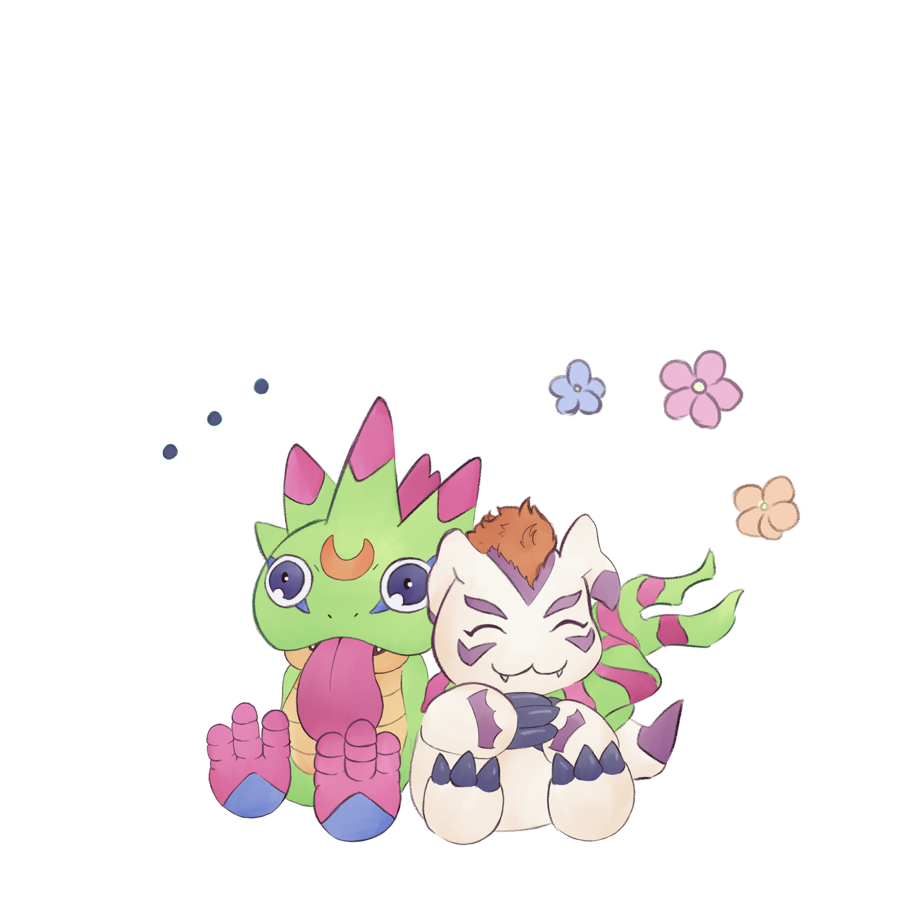 gekkomon, gomamon, digimon, highres, …, closed eyes, digimon (creature), no humans, ontheseconddayitrains, simple background, sitting, tail, tongue, tongue out, white background, white fur