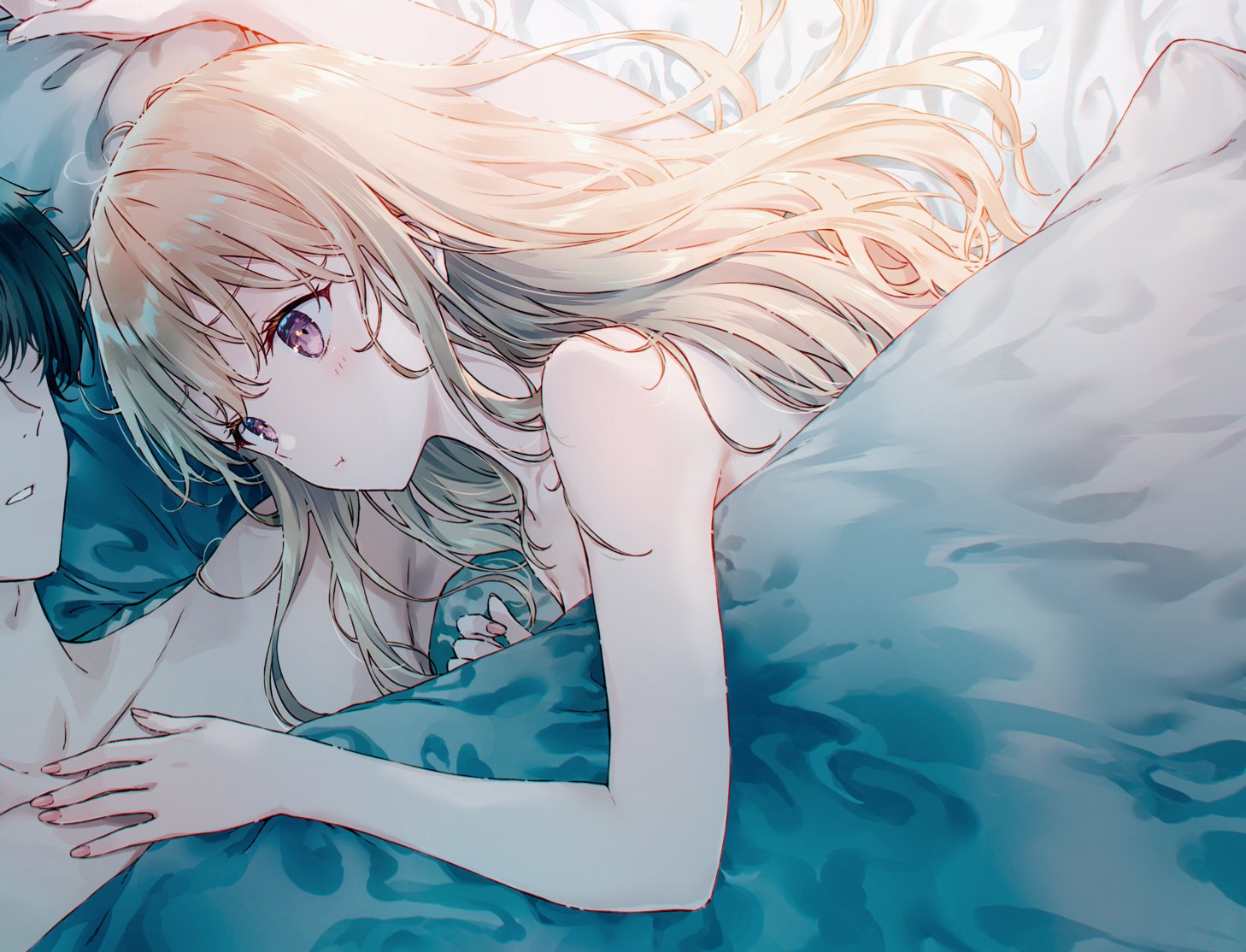 asamura yuuta, ayase saki, gimai seikatsu, 1boy, 1girl, aftersex, bed, bedroom, blonde hair, blush, breasts, cleavage, closed mouth, collarbone, hair between eyes, long hair, nude, shared bed, sick, sleeping, under covers