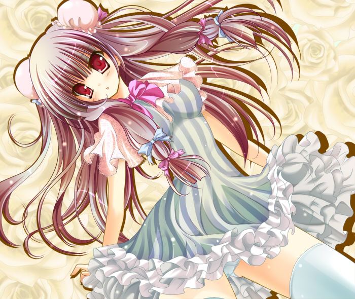 kino (kino konomi), kino konomi, maruru (pixiv), patchouli knowledge, touhou, striped, bad id, bad pixiv id, 1girl, adapted costume, alternate hairstyle, breasts, bun cover, double bun, dress, female focus, frills, gathers, hair bun, hair ribbon, impossible clothes, impossible dress, light particles, long hair, no headwear, panties, pantyshot, purple hair, ribbon, solo, thighhighs, too many, underwear, white thighhighs, zettai ryouiki