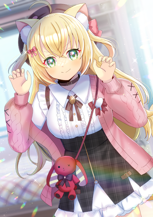kou hiyoyo, indie virtual youtuber, commentary request, commission, skeb commission, 1girl, ahoge, animal ear fluff, animal ears, blonde hair, blurry, blurry background, breasts, cat ears, cat girl, cat tail, center frills, claw pose, collared shirt, frills, green eyes, hair between eyes, hat, large breasts, long hair, long sleeves, open clothes, puffy long sleeves, puffy sleeves, shirt, skirt, smile, solo, tail, white shirt
