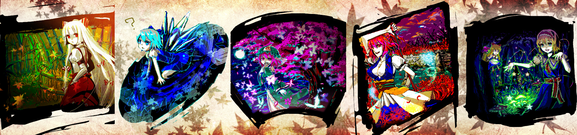 te okure, alice margatroid, cirno, fujiwara no mokou, onozuka komachi, saigyouji yuyuko, shanghai doll, touhou, bad id, bad pixiv id, highres, long image, wide image, 5girls, autumn leaves, breasts, bug, butterfly, cleavage, dress, female focus, hat, insect, leaf, long hair, mob cap, multiple girls, nature, outdoors, partially colored, plant, sky, very long hair
