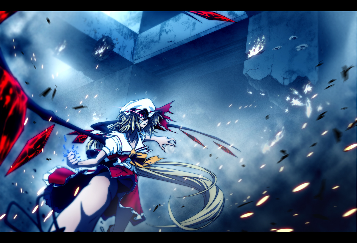 imizu (nitro unknown), flandre scarlet, touhou, 1girl, battle, blonde hair, female focus, glowing, glowing eyes, gradient background, hat, letterboxed, long hair, mob cap, panties, ponytail, ribbon, solo, underwear, wings