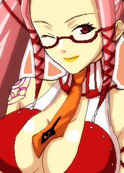 pi (.hack//), .hack//, .hack//g.u., .hack//games, bandai, cyber connect 2, lowres, 00s, 1girl, ;), bare shoulders, blush, breasts, cleavage, close-up, female focus, glasses, large breasts, looking at viewer, necktie, oekaki, one eye closed, red-framed eyewear, red eyes, semi-rimless eyewear, smile, solo, under-rim eyewear
