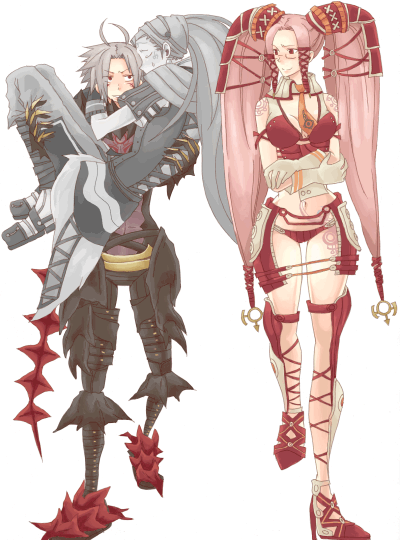 kuhn, haseo, haseo (.hack//), kuhn (.hack//), pi (.hack//), .hack//, .hack//g.u., .hack//games, bandai, cyber connect 2, silver hair, uniform, 00s, 1girl, 2boys, armor, blush, breasts, carrying, cleavage, collarbone, death, full body, midriff, multiple boys, navel, pink hair, princess carry, revealing clothes, simple background, spikes, stomach, twintails, walking, white background