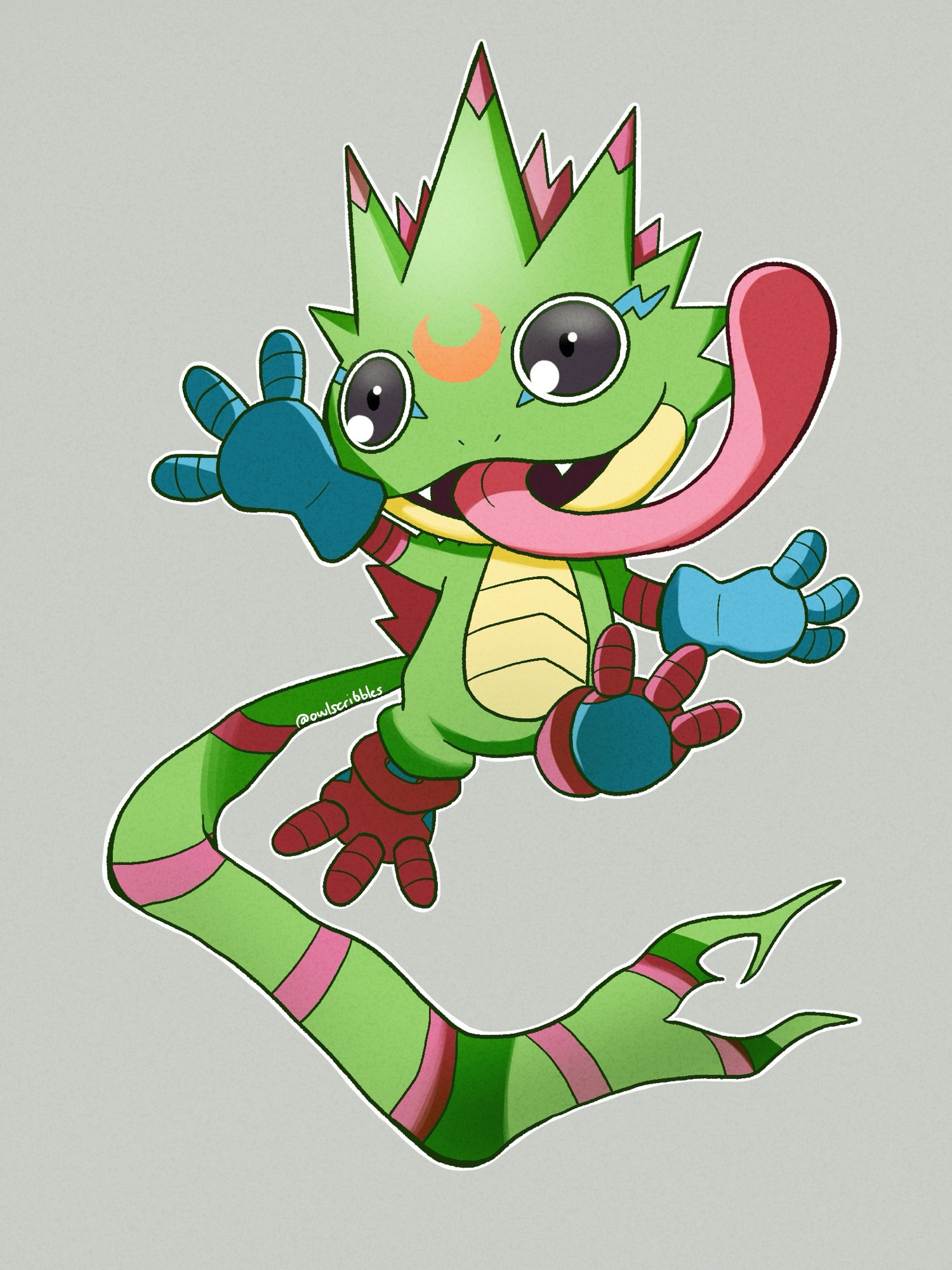 gekkomon, digimon, digimon beatbreak, highres, digimon (creature), grey background, long tongue, looking at viewer, no humans, open mouth, owlscribbless, simple background, solo, tail, tongue, tongue out