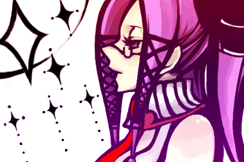 pi (.hack//), .hack//, .hack//g.u., .hack//games, bandai, cyber connect 2, lowres, 00s, 1girl, :d, female focus, glasses, open mouth, profile, rimless eyewear, sidelocks, simple background, smile, solo, white background