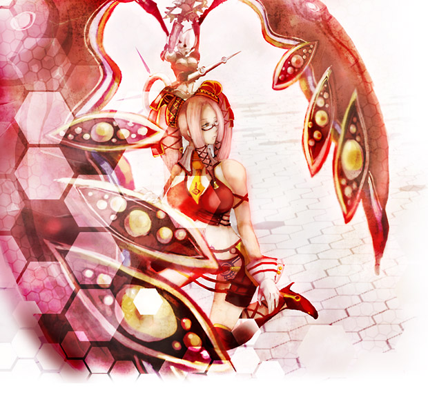 angra mainyu (fate), pi (.hack//), tarvos, .hack//, .hack//g.u., .hack//games, bandai, cyber connect 2, fate (series), 00s, 1girl, 7th phase, honeycomb (pattern), honeycomb background, honeycomb pattern, pink background, pink eyes, pink theme