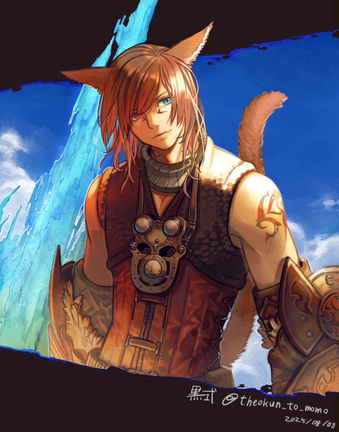 g'raha tia, final fantasy, final fantasy xiv, highres, 1boy, animal ears, archon mark, arm tattoo, blue eyes, blue sky, cat boy, cat ears, cat tail, cloud, crystal, dated, day, facial mark, heterochromia, jacket, male focus, miqo'te, neck tattoo, outdoors, red eyes, red hair, red jacket, signature, sky, slit pupils, solo, tail, tattoo, theokun to momo, twitter username, upper body