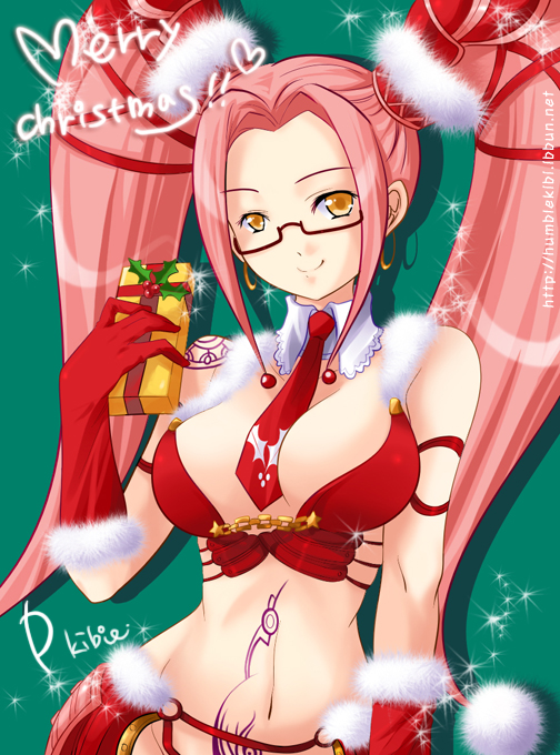 pi (.hack//), .hack//, .hack//g.u., bandai, cyber connect 2, 00s, 1girl, between breasts, breasts, christmas, female focus, glasses, pink hair, solo, yellow eyes