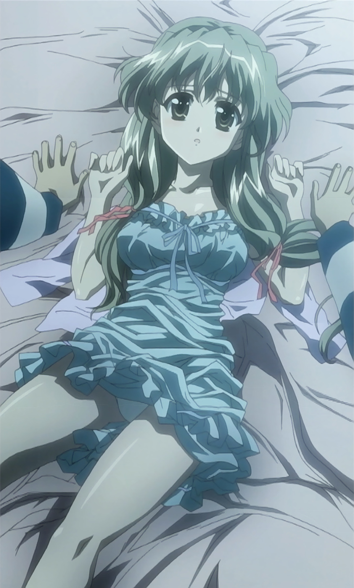 nogizaka haruka, nogizaka haruka no himitsu, anime screenshot, non-web source, stitched, third-party edit, 00s, 1girl, awake, bed, female focus, lingerie, long hair, looking at viewer, lying, nightgown, panties, pantyshot, solo, twintails, underwear