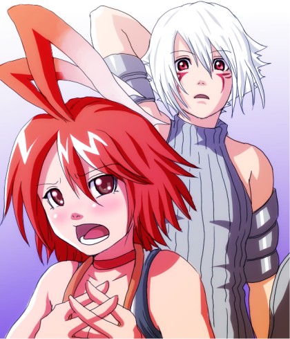 alkaid (.hack//), haseo, haseo (.hack//), .hack//, .hack//g.u., .hack//games, bandai, cyber connect 2, silver hair, lowres, 00s, 1boy, 1girl, :d, antenna hair, armlet, bare shoulders, blush, facepaint, jewelry, long hair, looking at viewer, open mouth, red eyes, red hair, smile