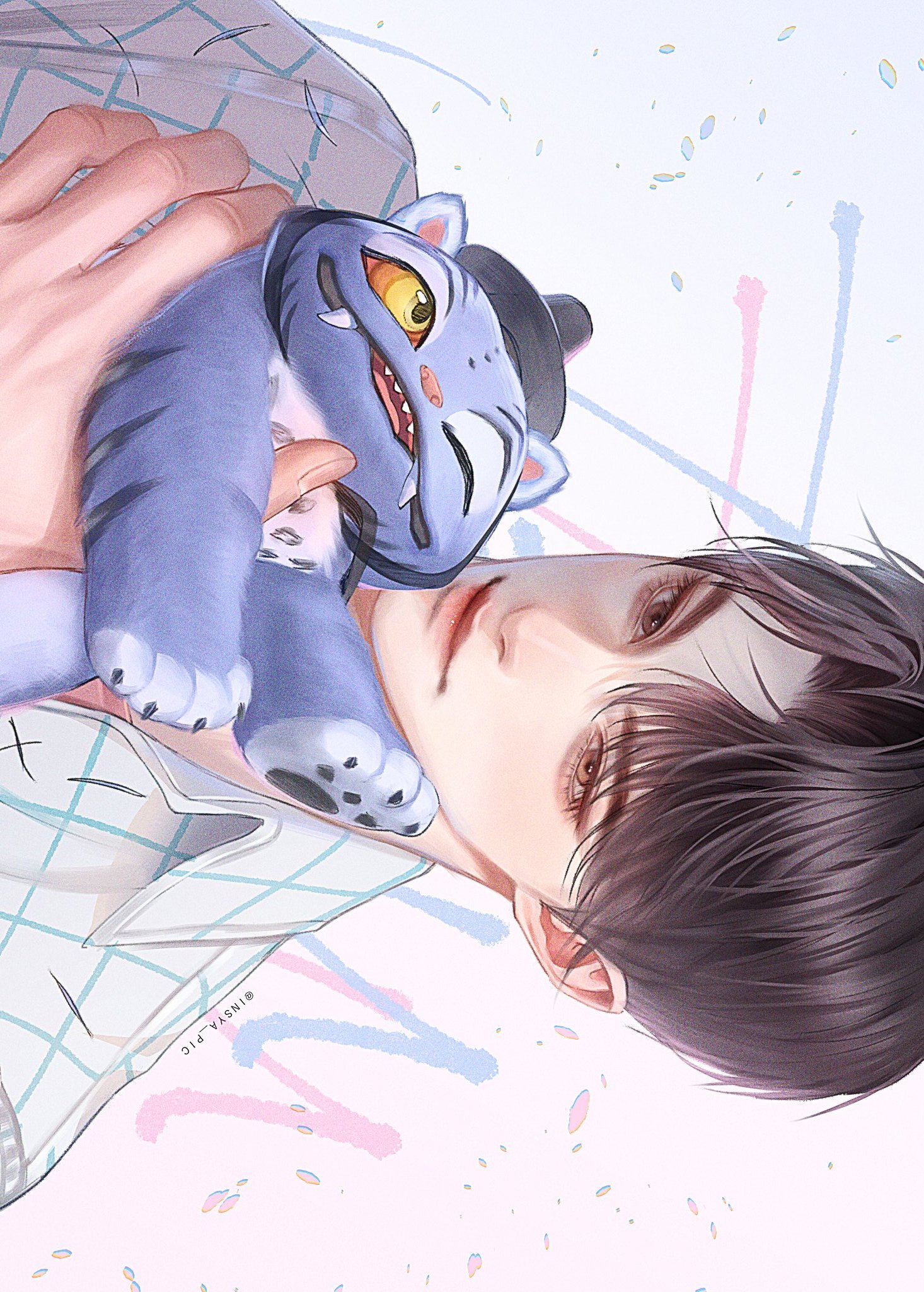 insya pic, derpy (kpop demon hunters), jinu (kpop demon hunters), kpop demon hunters, highres, 1boy, aegyo sal, animal, black hair, blue fur, closed mouth, collared shirt, fang, fang out, gat (hat), hat, holding, holding animal, lips, looking at viewer, male focus, nose, one eye closed, parted bangs, pink shirt, portrait, shirt, short hair, sideways, tiger, white shirt, yellow eyes