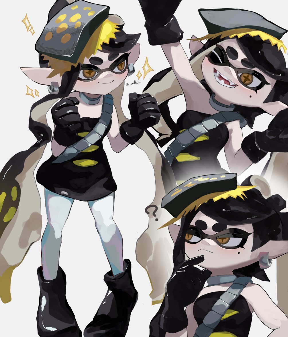 m46 u, callie (alterna) (splatoon), callie (splatoon), nintendo, splatoon (series), splatoon 3, commentary request, 1girl, ?, arm up, black boots, black dress, black gloves, black hair, blonde hair, boots, bow-shaped hair, brown eyes, clenched hands, closed mouth, cross-shaped pupils, dress, earrings, fang, gloves, hand on own chin, inkling, jewelry, long hair, long pointy ears, mole, mole under eye, multicolored hair, multiple views, neck ring, one eye closed, open mouth, pantyhose, pointy ears, smile, strapless, strapless dress, symbol-shaped pupils, tentacle hair, thick eyebrows, twintails, very long hair, white pantyhose