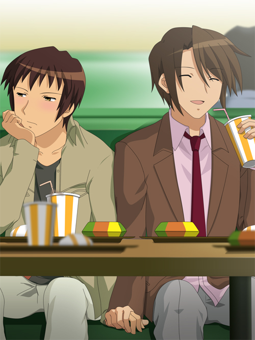 koizumi itsuki, kyon, suzumiya haruhi no yuuutsu, non-web source, 00s, 2boys, blurry, blush, brown hair, couple, dating, depth of field, fast food, fastfood, food, hair between eyes, holding hands, male focus, multiple boys, under table, yaoi