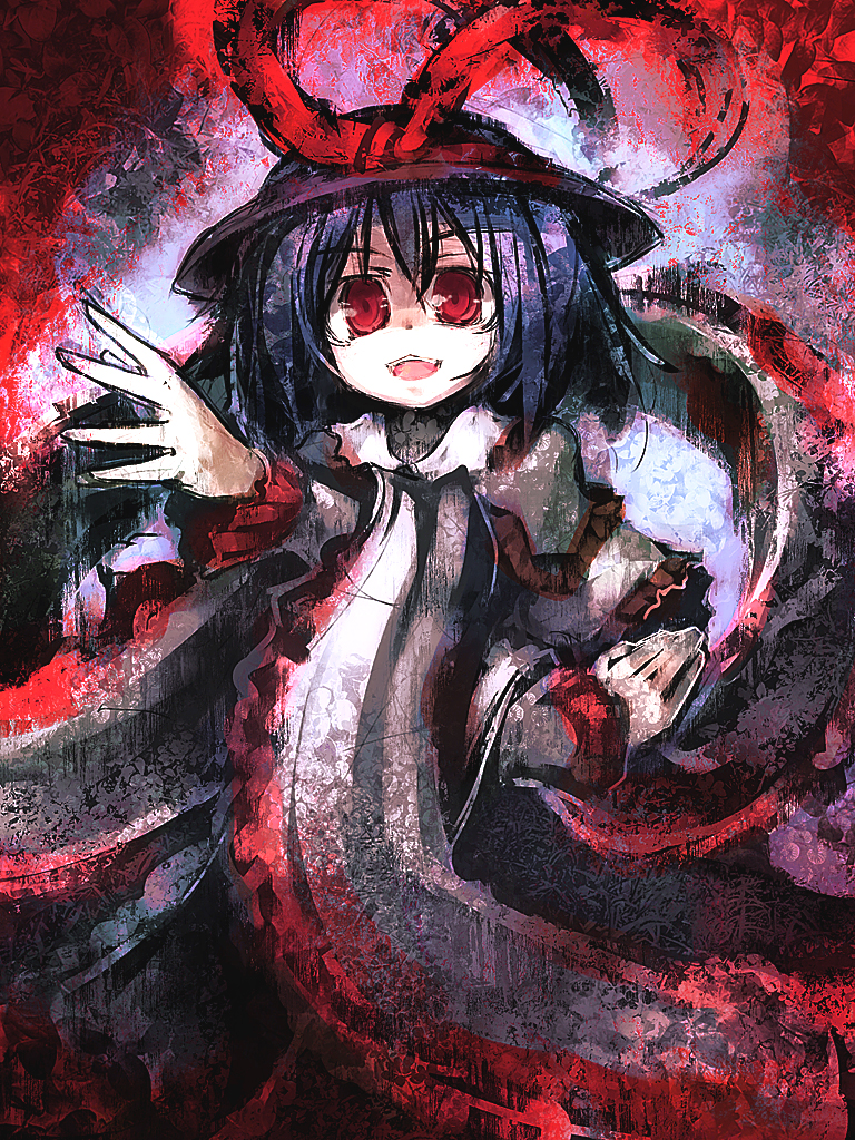 ukyo rst, nagae iku, touhou, 1girl, female focus, hat, purple hair, ribbon, short hair, solo