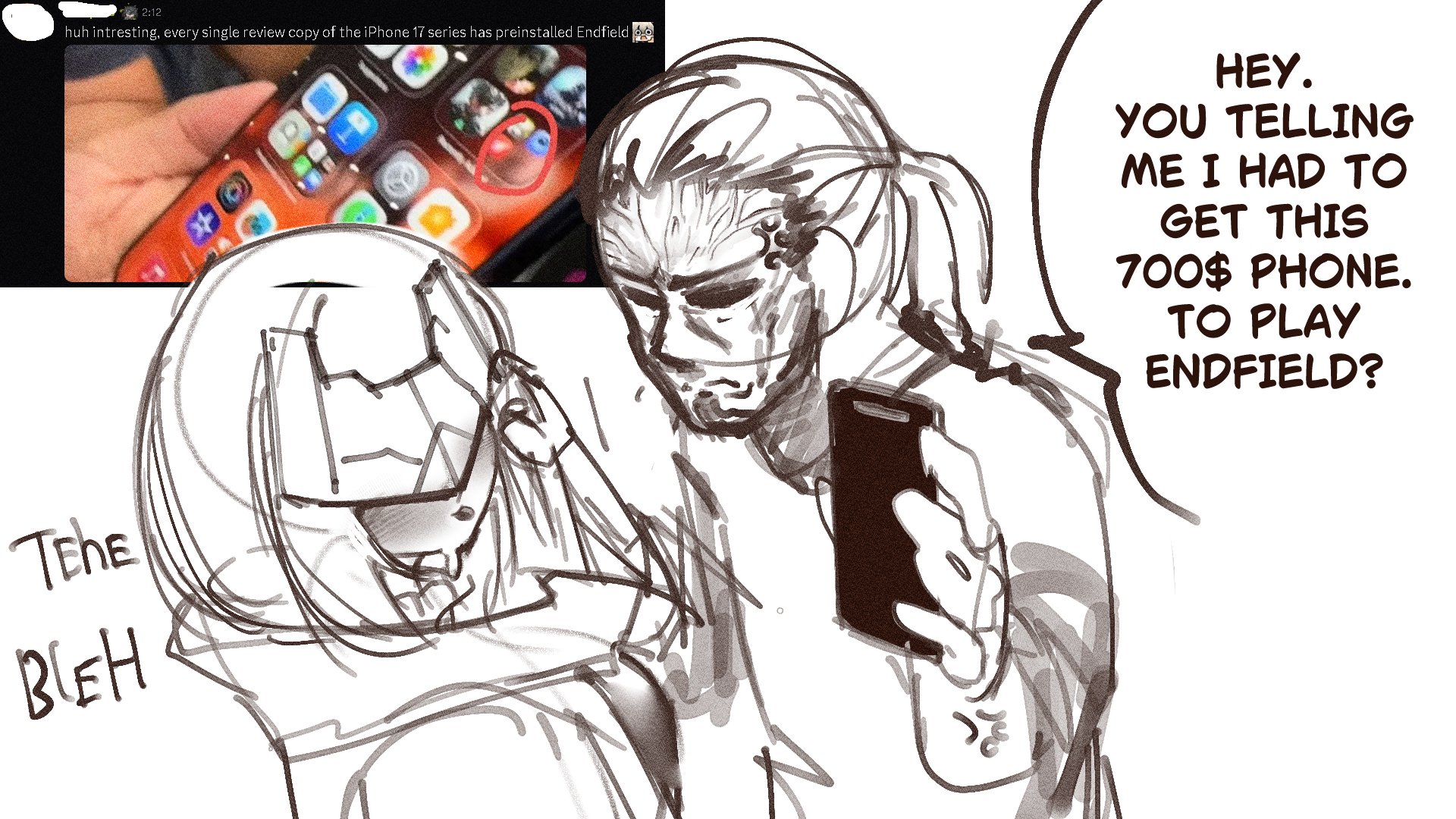 endministrator (arknights), female endministrator (arknights), arknights, arknights: endfield, commentary, english commentary, highres, 1boy, 1girl, bokkuro4, closed mouth, english text, eye mask, greyscale, holding, holding phone, hood, hooded coat, inset, looking at another, monochrome, open clothes, phone, short hair, sketch, solo, speech bubble, tongue, tongue out, upper body